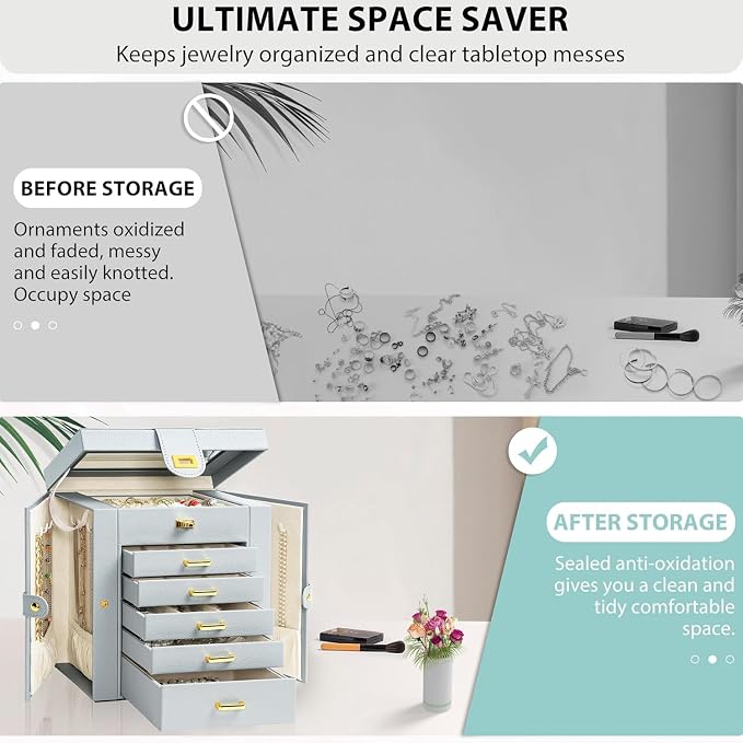 AKOZLIN 6-Tier Jewelry Box Organizer Functional 5 Drawers Leather Jewelry Storage Case for Women Girls Ring Necklace Earring Bracelet Holder Organizer with Mirror Grey Regular