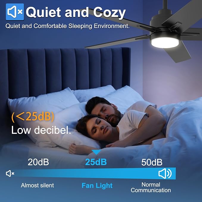 52 Inch Black Ceiling Fan with Light and Remote Control,Dimmable 3 Color Temperatures LED Ceiling Fan,6 Speeds Reversible DC Motor,5 Blades Modern Ceiling Fans for Indoor or Covered Outdoor