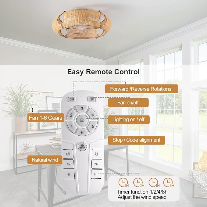 Ganeed 20.86" Boho Caged Ceiling Fan with Lights and Remote, Flush Mount Low Profile Rattan Ceiling Fans with Lights, Enclosed 6 Speeds Farmhouse Woven Ceiling Fan for Bedroom, Living Room, Kitchen