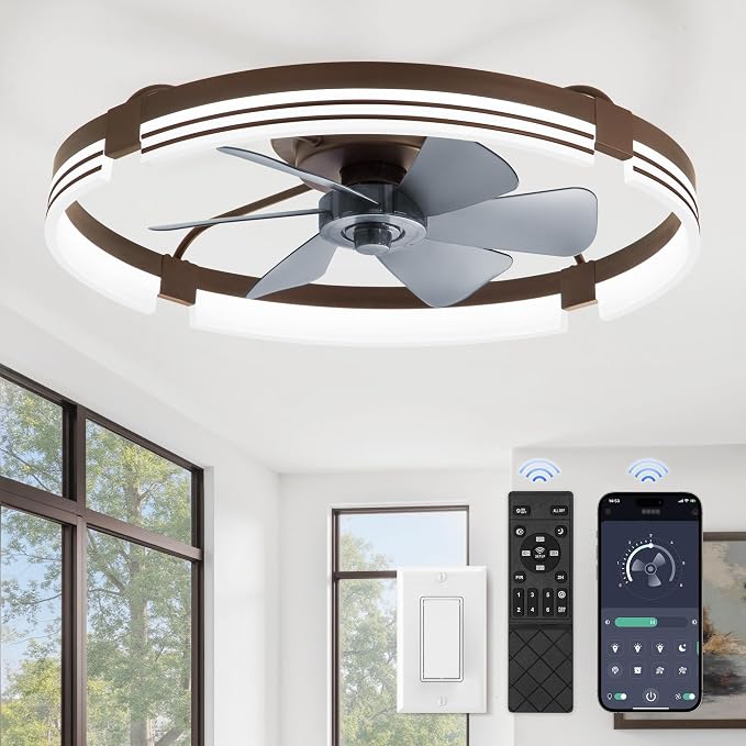 ZMISHIBO 24 Inch Low Profile Ceiling Fans with Lights and Remote, 3000K-6000K Dimmable Fandelier LED Fan Light, Flush Mount Ceiling Fan with Light, 6 Wind Speeds Ceiling Fans for Bedroom- Brown