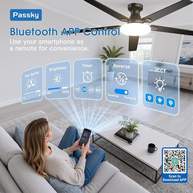 Passky Ceiling Fans with Lights, 60 inch Flush Mount Ceiling fan with Remote Control, Low Profile Ceiling Fan for Bedroom, Farmhouse, Reversible, 3CCT, Dimmable, Noiseless DC Motor, Black