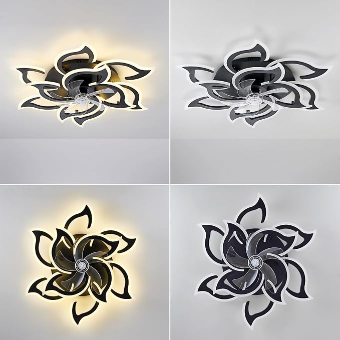 38" Black Geometric Ceiling Fan with Lights, 6 Speeds Flower Low Profile Flush Mount Ceiling Fan for Living Room
