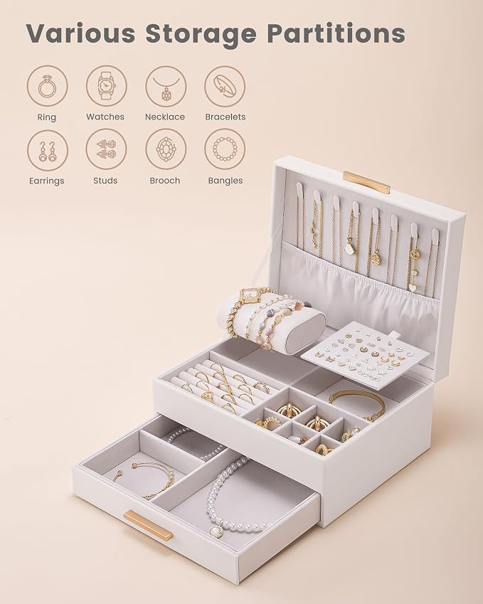 Lolalet 2-Layer Jewelry Box Organizer Holder for Women Girls Mom -Beige | Jewelry Storage Case with Drawers for Necklaces Ring Earrings Bracelet Watch, Gifts Choice for Mom Mother’s Day