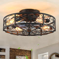 20'' Caged Ceiling Fan with Lights and Remote Control,Small Farmhouse Bladeless Low Profile Ceiling Fans Lights,Industrial Flush Mount Low Profile,Reversible Motor 6 Speeds for Bedroom,Living Room