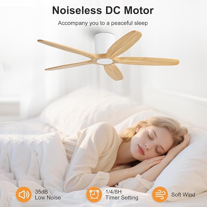 WINGBO 54" Flush Mount Ceiling Fan No Light - 5 Carved Solid Wood Blades, 6-Speed Reversible DC Motor, Dimmable, 3CCT, Low Profile Ceiling Fans without Lights for Bedroom Living Room, White and Oak