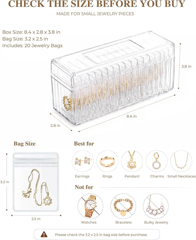 HOMEHIVE Acrylic Jewelry Box Organizer, Clear Jewelry Organizer and Storage with 20 Portable Anti Tarnish Jewelry bags, Travel Jewelry Case for Earrings/Rings/Necklaces Gifts for Women Girls, Clear