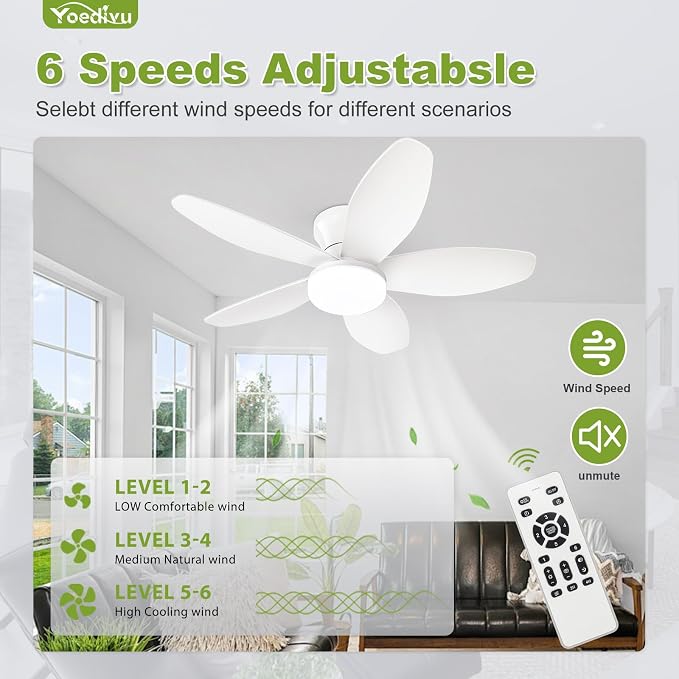 Small Ceiling Fans, 35 Inch Low Profile Ceiling Fan White Flush Mount Ceiling Fans with Lights and Remote,with 5 Reversible Blades 6 Wind Speeds, Modern Ceiling Fan for Bedroom Kitchen