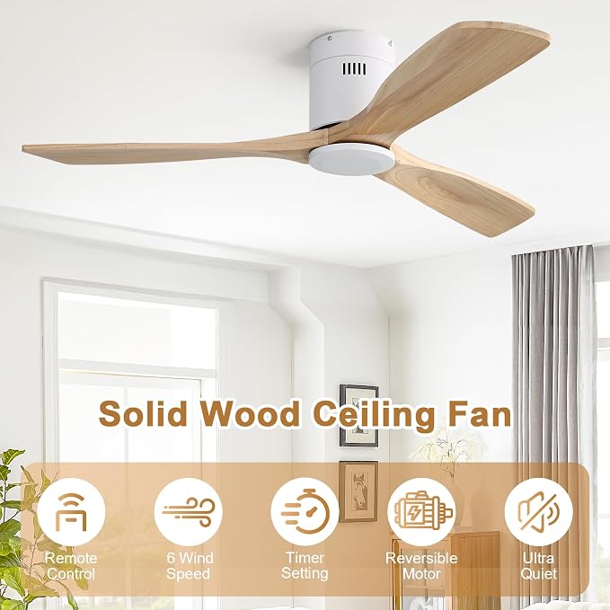 Sofucor Ceiling Fan No Light 52 Inch Flush Mount Ceiling Fan, Quiet Reversible DC Motor, Solid Wood Indoor Outdoor Ceiling Fan with Remote Control, 6-Speed for Bedroom Patio Farmhouse