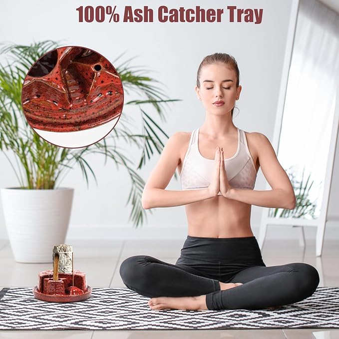 4 in 1 Incense Holder, Incense Burner, Palo Santo Holder, Ceramic Ash Catcher Tray for Meditation Room, Candle Holder for Burning Sage (Speckled Red)