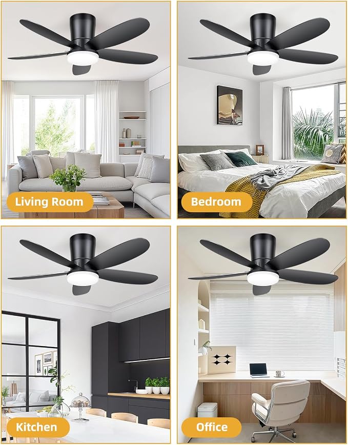 Ceiling Fans with Lights, Low Profile 42-Inch Modern Small Ceiling Fan for Bedroom Indoor Outdoor - Dimmable Fans with Timer Remote Control Flush Mount Reversible 5 Blades 6 Speeds, Black