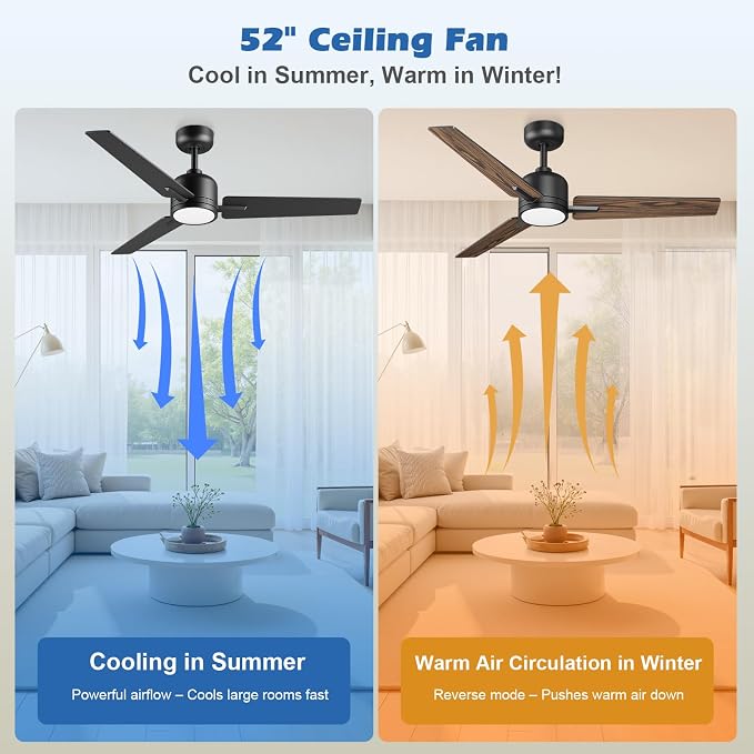 52 inch Ceiling Fans with Lights and Remote, Dimmable 3 Color temperatures LED, Reversible with Quiet DC Motor, 3 Blade High CFM Indoor Outdoor Modern Ceiling Fan for Bedroom Living Room (Black)