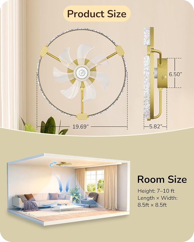 EDISHINE Ceiling Fans with Lights, 20'' Low Profile Flush Mount Fandelier, 3000-6000K Dimmable, 6 Speeds, App & Remote Control, DC Motor, LED Modern Bladeless Fan Light for Bedroom, Gold