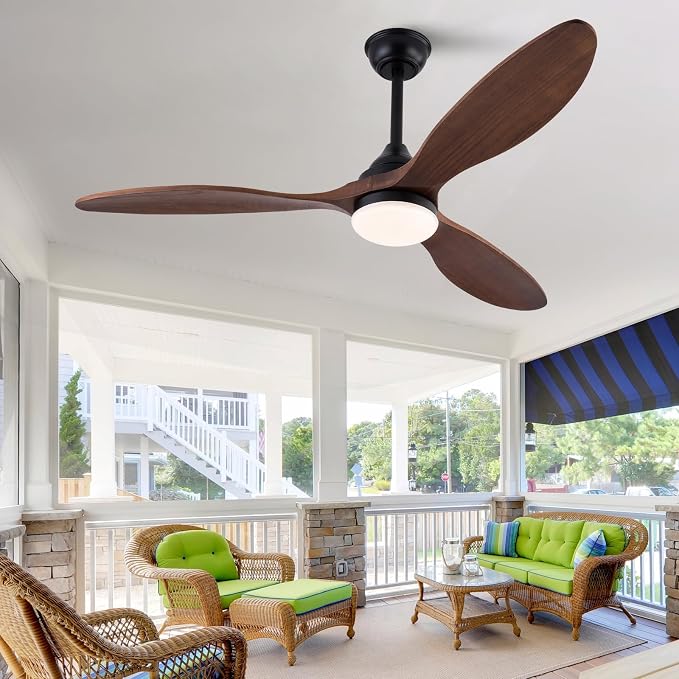 52 inch Ceiling Fans with Lights and Remote Control, Dimmable LED Light, Indoor Outdoor Mordern Black Ceiling Fan with 3 Wood Blade for Patio Living Room, Bedroom, Office, Summer House