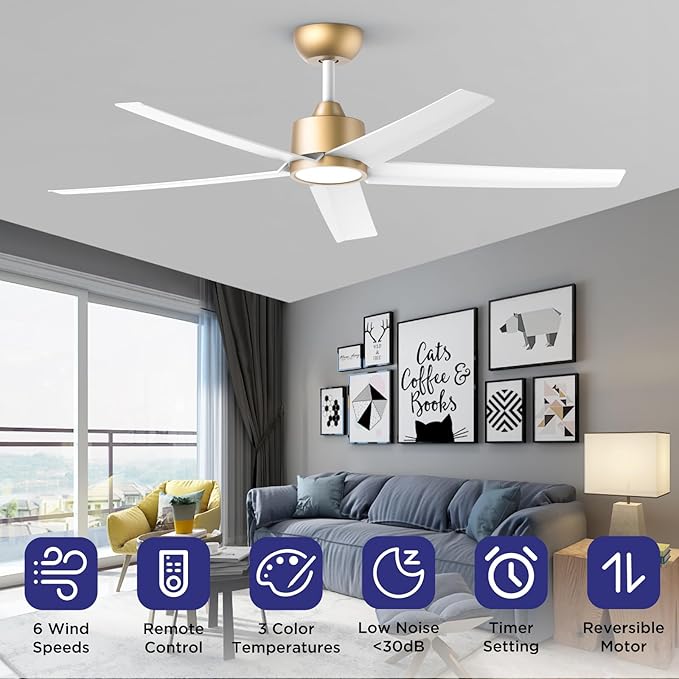 ocioc 2-Pack 52 inch Ceiling Fans with Liights Ultra Quiet DC Motor 3 Color Temperatures Modern Ceiling Fan for Bedroom Kitchen Indoor Covered Outdoor Gold