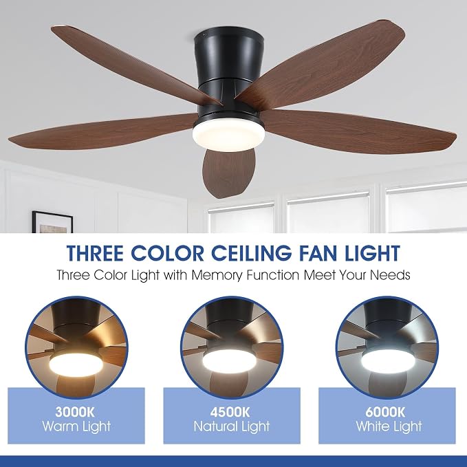 Surtime 48" Ceiling Fans with Lights-Low Profile Ceiling Fan with Light and Remote/APP Control,Flush Mount,LED Dimmable Modern Ceiling Fans for Bedroom,Indoor/Outdoor Patio Use(Brown)