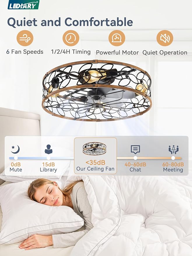 LEDIARY 23 Inch Caged Ceiling Fans with Lights, Farmhouse Flush Mount Ceiling Fan with Remote, Large Low Profile Ceiling Fan Light Fixture for Bedroom, Kitchen, Dining Room-Walnut