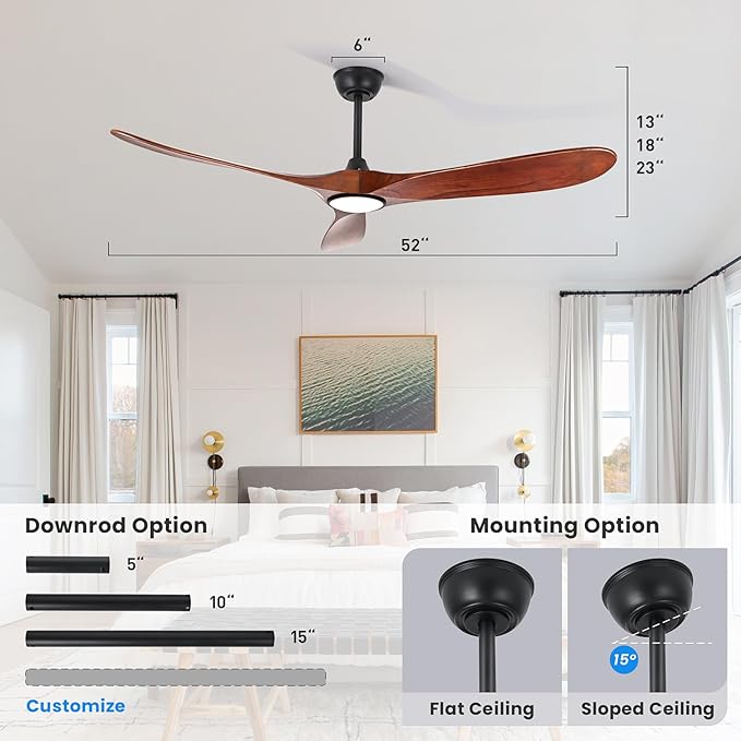 heimo 52 Inch Ceiling Fan with Light and Remote,Wood Outdoor Ceiling Fans with Lights Dimmable for Bedroom Living Room Patios Kitchen Modern 3 Blade Propeller Indoor Fan (Walnut)
