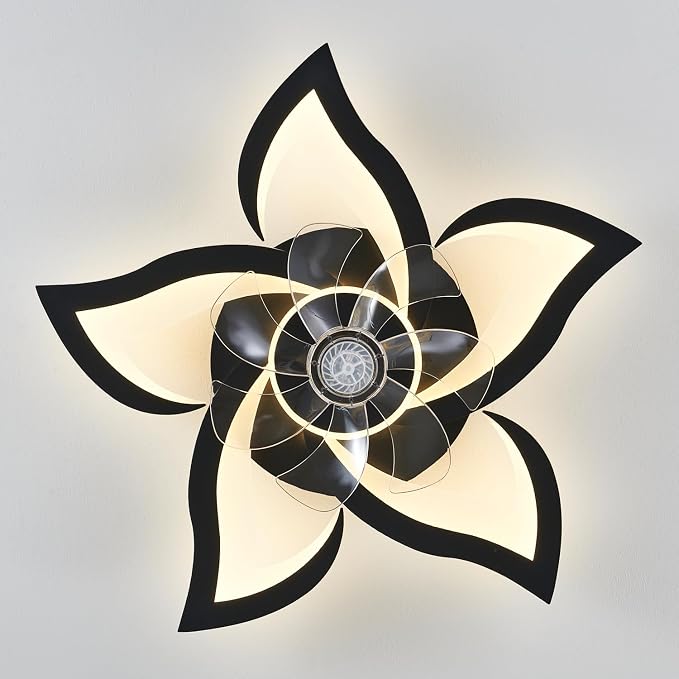 Black Flower Modern CeilingFans with Lights, Low Profile Ceiling Fan with Remote for Bedroom, Flush Mount Ceiling Fan with LED Dimmable Light,6-Speeds, Timing CeilingFan Light