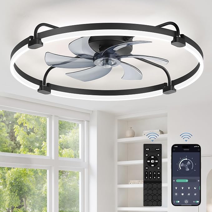 LEDIARY 30" Ceiling Fans with Lights and Remote, Low Profile,Large, Black | 3000K-6000K Stepless Dimmable Fandelier, Reversible DC Motor, Remote and APP Control, Bedroom Kitchen Living Room Fan Light