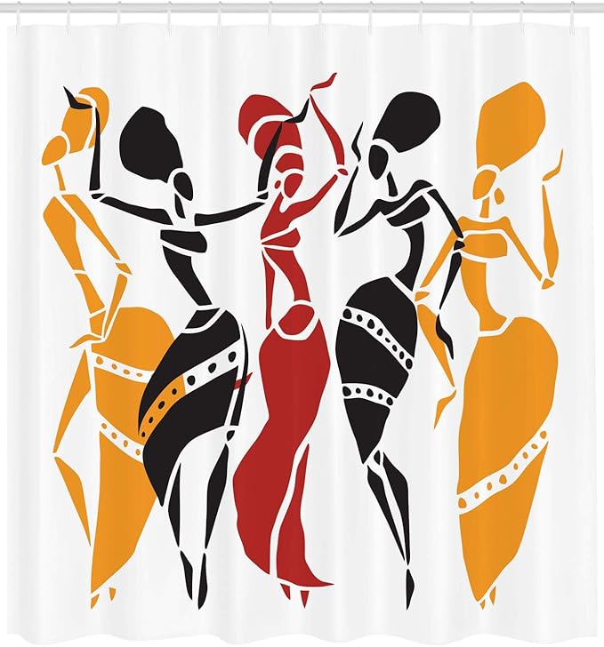 Ambesonne African Shower Curtain, Lady Dancers Body Silhouettes Motion Pose Exotic Characters Theme, Cloth Fabric Bathroom Decor Set with Hooks, 69" W x 70" L, Mustard White