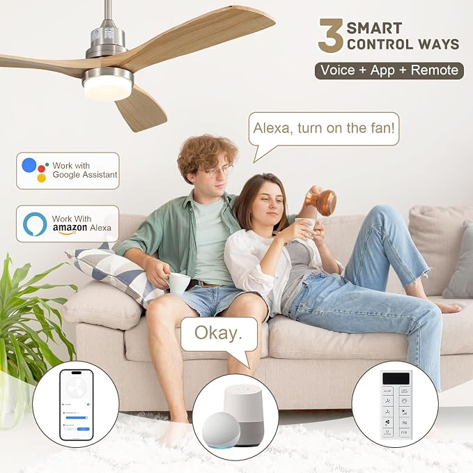 Sofucor 52 Inch Smart Ceiling Fan with Light, Indoor/Outdoor Ceiling Fans with Lights and Remote, Work with Alexa/Google, Quiet DC Motor, Solid Wood 3 Blade Ceiling Fans for Bedroom Living Room Patio