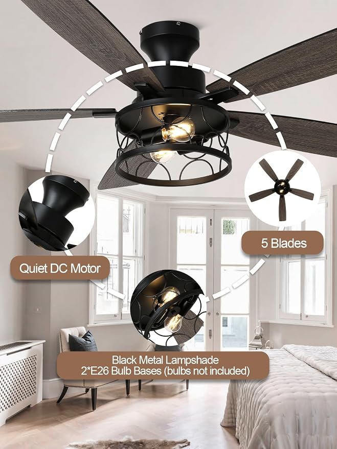 52 Inch Flush Mount Farmhouse Ceiling Fan with Lights and Remote | Rustic Fandelier Black Metal Caged Chandelier Fan, 5 Dual Blades, Reversible Quiet DC Motor 6 Speed, for Bedroom Living Room