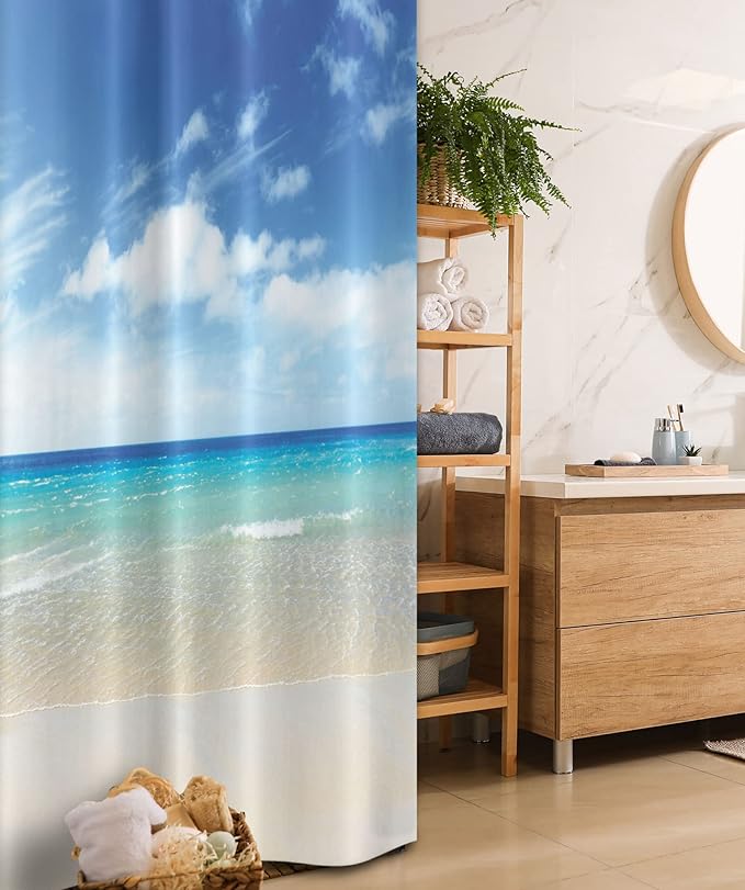 Ambesonne Ocean Stall Shower Curtain, Tropical Sandy Beach at Summer Sunny Day Holiday Vacation Theme Image Print, Fabric Bathroom Decor Set with Hooks, 36" W x 72" L, Blue Ivory