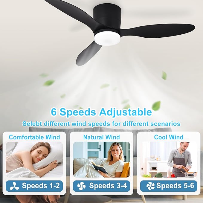 Depuley Flush Mount Ceiling Fan: 42-Inch Black Ceiling Fans with Lights for Bedroom Indoor Outdoor - Low Profile Ceiling Fans with Remote Control 24W 3CCT Dimmable 3 Reversible Black Blades 6 Speeds