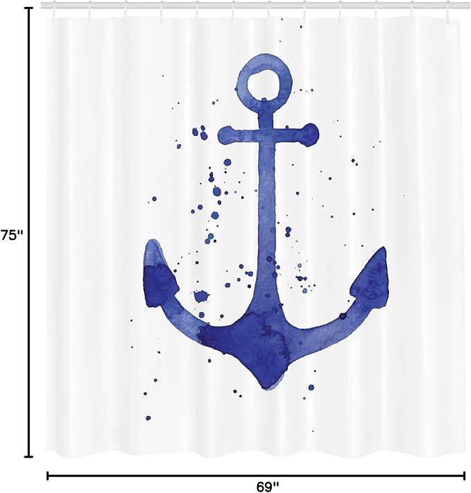 Ambesonne Anchor Shower Curtain, Watercolors Illustration of Anchor Color Drops All Around Navy Equipment Retro Print, Cloth Fabric Bathroom Decor Set with Hooks, 69" W x 75" L, White Navy