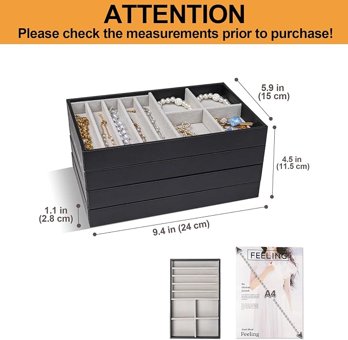 ProCase Stackable Jewelry Organizer Trays for Drawers, Jewelry Drawer Inserts Container Display Case Storage for Earring Necklace Rings Bracelet with Removable Dividers -Black, 4 Layers