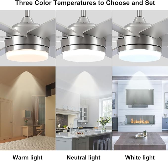 YUHAO 62 Inch Brushed Nickel Ceiling Fan with Light and Remote Control.Noiseless,Dimmable,3CCT,6 Speeds Reversible, DC Ceiling Fans for Indoor or Covered Outdoor Use.ETL Listed