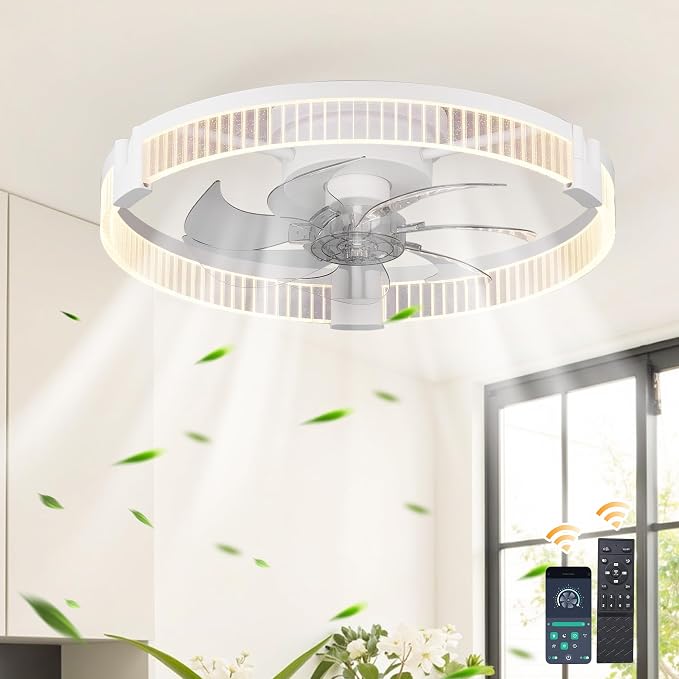 Garwarm Ceiling Fans with Lights，20IN Ultra Low Profile Ceiling Fan with Light and Remote, Dimmable 3000K–6000K LED Fandelier Flush Mount, DC Motor, for Bedroom, Kitchen, Office