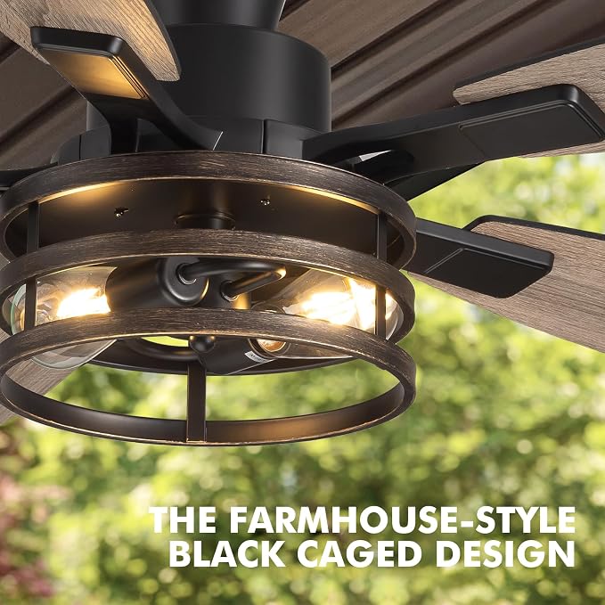 52 Inch Flush Mount Ceiling Fans with Lights and Remote Control, Low Profile Farmhouse Ceiling Fan for Bedroom Living Room and Patio, Black Caged Ceiling Fan for Indoor and Outdoor（No Bulb）