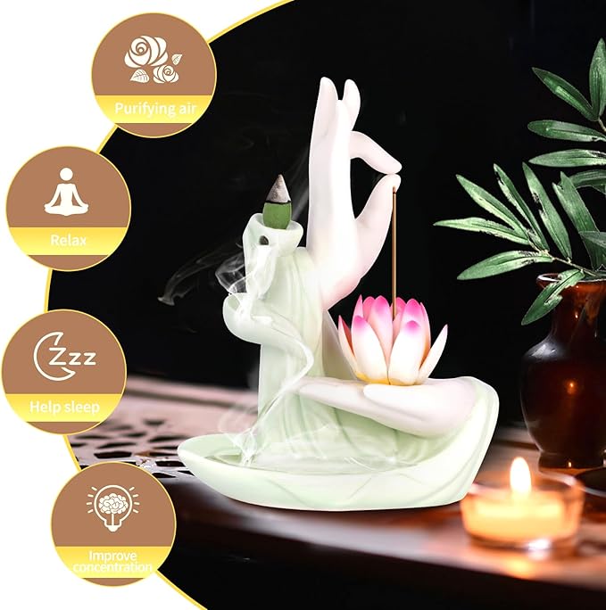 Backflow Incense Holder Buddhist Culture，Waterfall Incense Burner Buddha's Hand and Colorful Lotus Pattern，Aromatherapy Ornament Home Décor Nice Gift for Friends Families