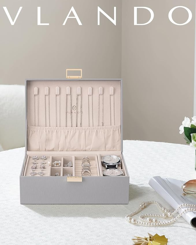 VLANDO 2 Layer Jewelry Box Large Jewelry Organizer for Women Removable Jewelery Tray with Watch Pillow for Necklace Earrings Rings Bracelets Gifts for Couples Mom Friends, Bridesmaid (Grey)