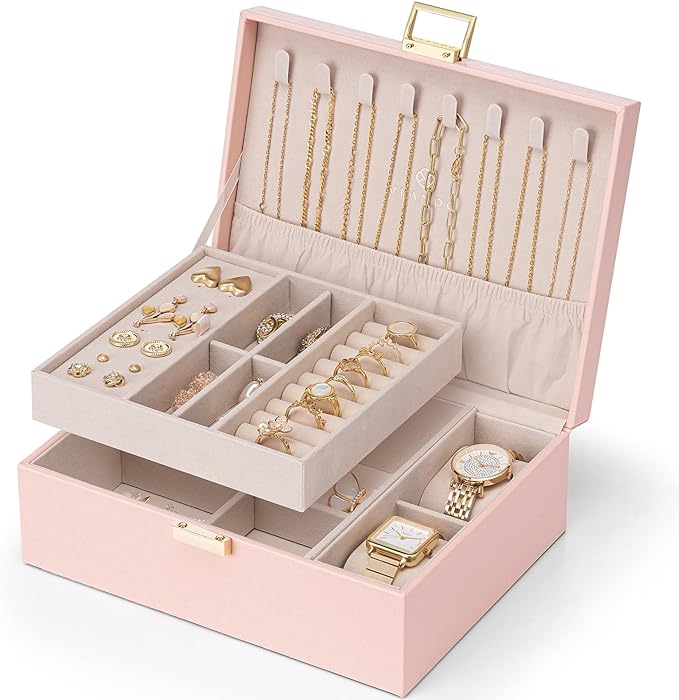 VLANDO 2 Layer Jewelry Box Large Jewelry Organizer for Women Removable Jewelery Tray with Watch Pillow for Necklace Earrings Rings Bracelets Jewelry Boxes for Holidays Gifts (Pink)