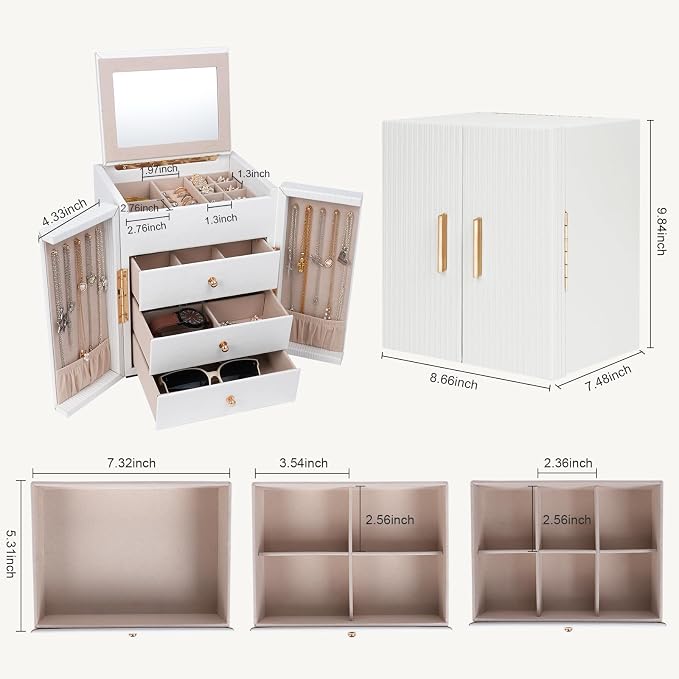 Dajasan Large Jewelry Box Organizer, Jewelry Storage Organizer with 3 Drawers, Huge Jewelry Box with Mirror for Women Girls, Double Door, Textured PU Leather, Gift Idea, Stylish (White + Gold)