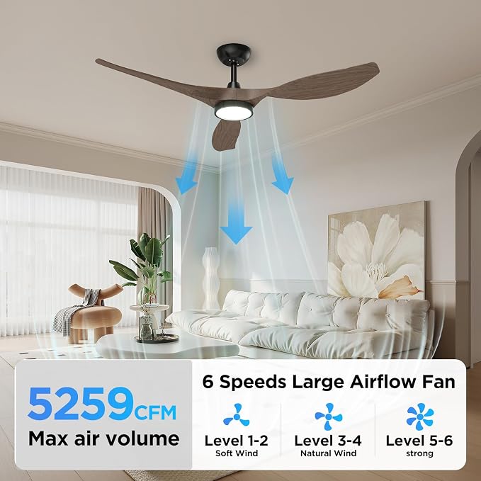 Roomratv Ceiling Fans with Lights and Remote Control,Quiet Noiseless Reversible DC Motor,6 Speeds,Timers, 3 CCT, Indoor Use, Plastic Blades,52 Inch Black Wood Grain Modern Ceiling Fan for Living Room