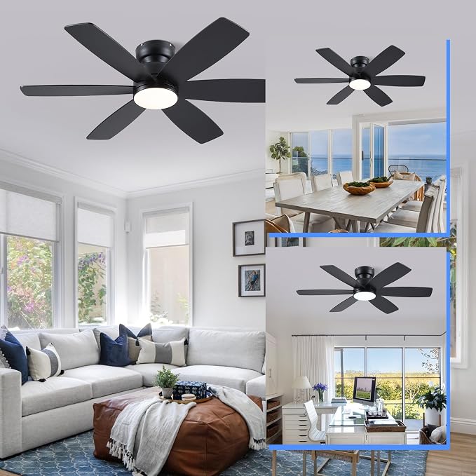 Kviflon 46 Inch Modern Ceiling Fans with Lights Remote/APP Control, Low Profile Ceiling Fan with Light, Flush Mount, 3CCT, 6 Reversible Blades, 6 Speeds, Double Sided for Bedroom Living Room, Black