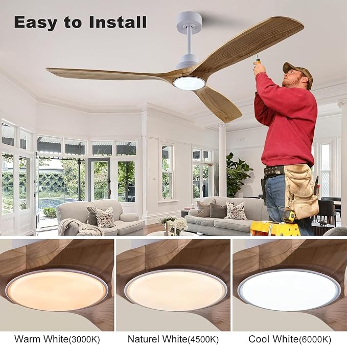 QUTWOB 60" Wood Ceiling Fan with Light, Reversible DC Motor, Remote Control | solid wood blades, quiet 6-speed reversible dc inverter motor, remote control, 3-color led, for indoor outdoor patio bedroom