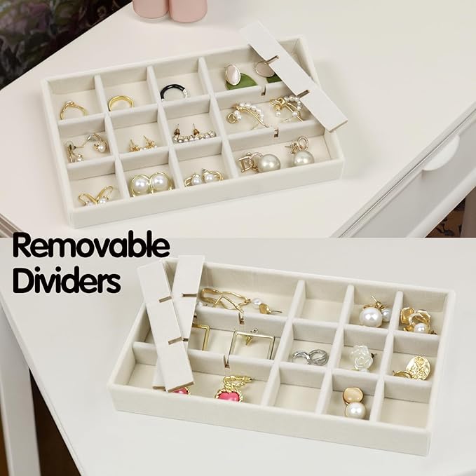 Set of 8 Stackable Jewelry Organizer Trays with 1 Lid for Drawer & Dresser Organizer, Adjustable Velvet Jewelry Box Tray Earring Organizer Necklace Storage Ring Bracelet Display Case (Beige)