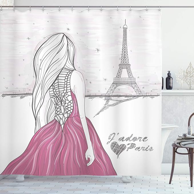 Ambesonne Paris Shower Curtain, Romantic Dramatical Woman Looks at Eiffel Tower Love Theme Sketch Style Illustration, Cloth Fabric Bathroom Decor Set with Hooks, 69" W x 75" L, White Pink