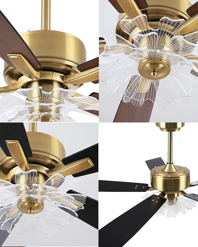 52 Inch Gold Ceiling Fans with Lights and Remote, Modern PS Petal Crystal Black and Gold Ceiling Fan for Bedroom Living Room Apartment, 3CCT Dimmable Indoor Girls Chandelier, 6 Speeds DC Motor