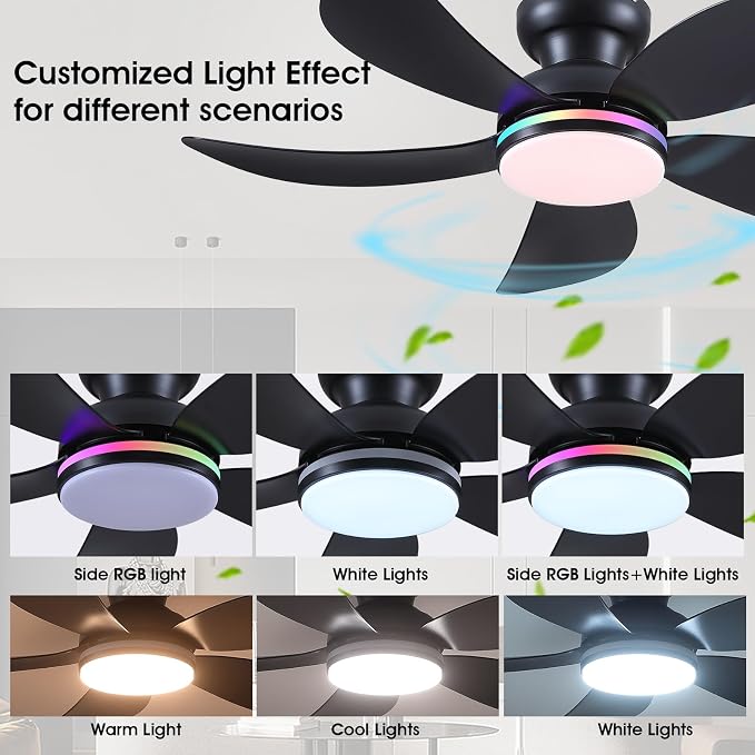 PHORUS 42" Black Modern Low Profile RGB Ceiling Fans with Lights and Remote | 14 RGB Modes,Supports Remote and APP,6 Wind Speeds, Reversible, Dimmable 3 CCT LED, 30W DC Motor,Suits for Bedroom Kidsroom