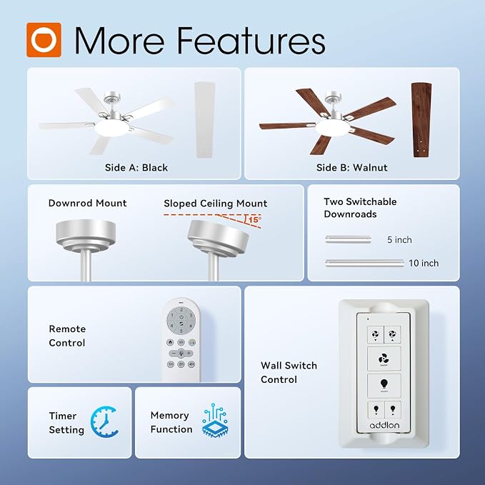 addlon Ceiling Fans with Lights, 52 inch Silver Ceiling fan with Light and Remote Control, Reversible, 3CCT, Dimmable, Noiseless, Ceiling Fan for Bedroom, Farmhouse, living room, Indoor/Outdoor Use
