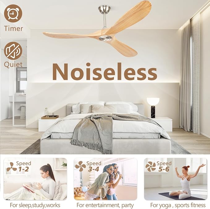 60” Ceiling Fans Without Lights, Wood Ceiling Fan with Remote Control No Light, Outdoor Propeller Ceiling Fan with 3 Blades,Brushed Nickel Outdoor Ceiling Fans for Patios (Nature Wood)