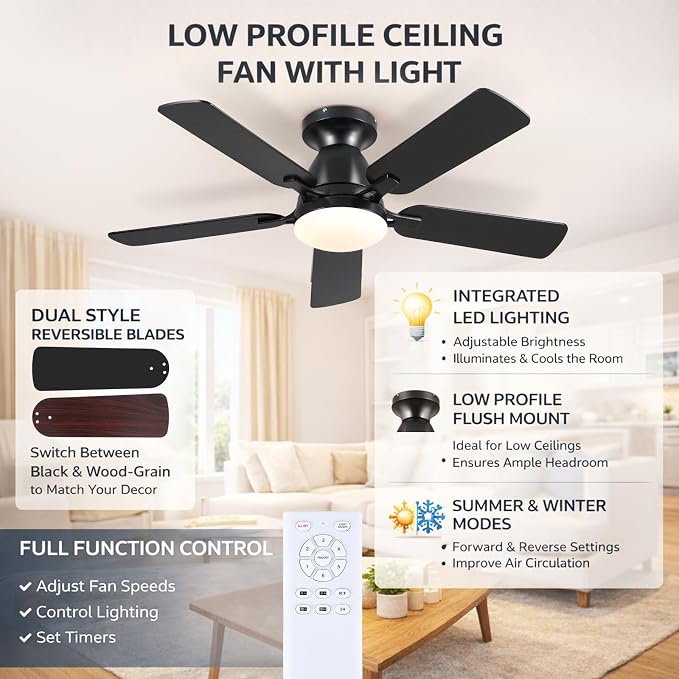 46 Inch Ceiling Fans with Lights and Remote, Flush Mount, Black | Low Profile, Dimmable LED, Reversible, Quiet DC Motor, Wooden Blades, for Modern Apartment Bedroom Home Office Living Room