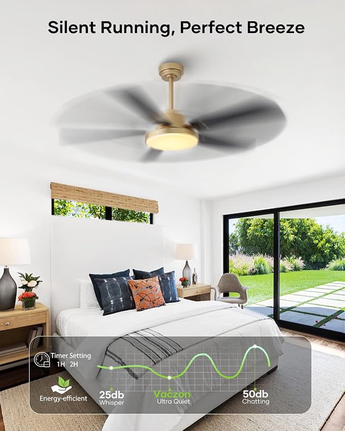 52 Inch Gold Ceiling Fans with Lights and Remote/APP, Modern Sleek Black and Gold Ceiling Fan, ETL Listed, Indoor Smart Black Ceiling Fan for Home Decoration Bedroom Living Room, 3CCT, 6 Speeds