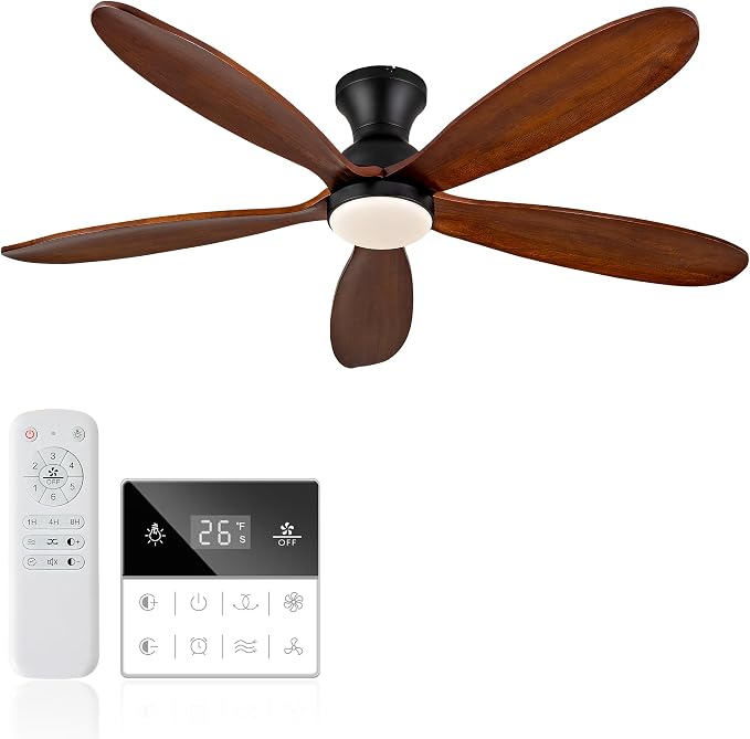 52 Inch Flush Mount Ceiling Fans with Lights, Remote, Dimmable, Power-Off Memory, Quiet DC Motor,5 Blades Wood Ceiling Fan with Light, Low Profile Outdoor/Indoor Hugger Ceiling Fan for Patio