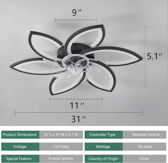 30inch Black Flower Modern CeilingFans with Lights, Low Profile Ceiling Fan with Remote for bedroom, Flush Mount Ceiling Fan with LED Dimmable Light,6-Speeds, Timing Ceiling Fan Light